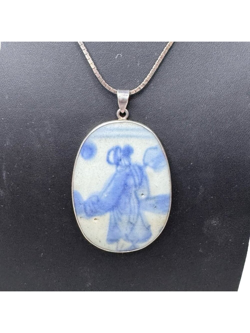 Vintage Italian Sterling Silver Necklace China Fragment Piece Blue Porcelain Ova
